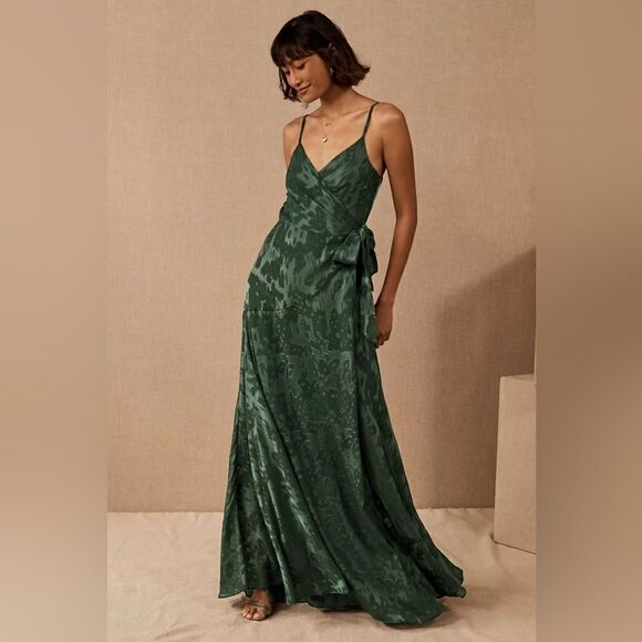 Anthropologie Emerald Green Satin Maxi Dress - Picture 1 of 5